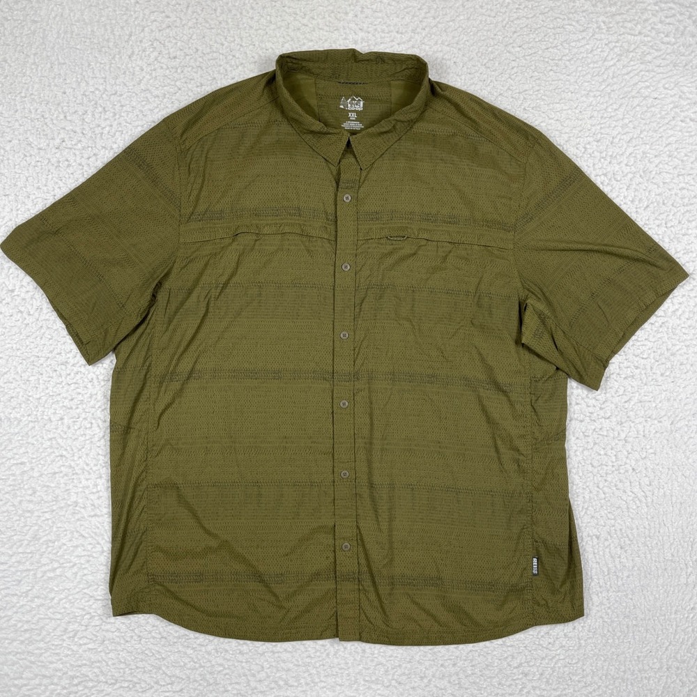 REI Co-op Button Down Shirt Mens XXL Olive Green Short Sleeve Hiking Gorpcore